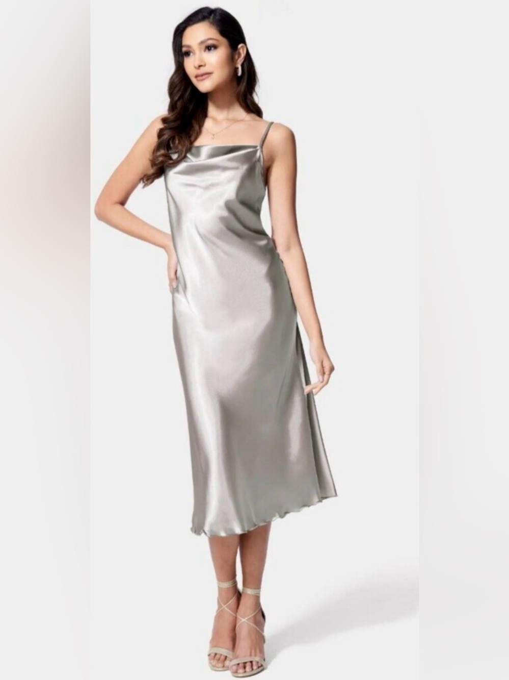 Bebe Silver Satin Cowl Slip Dress